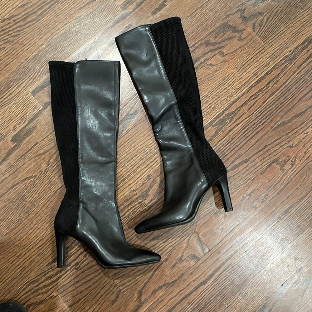 Genuine leather size zip boot with stretch textured fabric in back, 3.5” heel